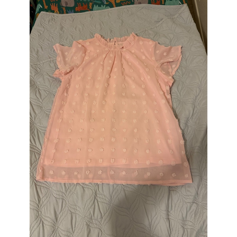 Women's Blush Pink Swiss Dot Chiffon Blouse‎ Ruffle Neck Flutter Sleeve Size M